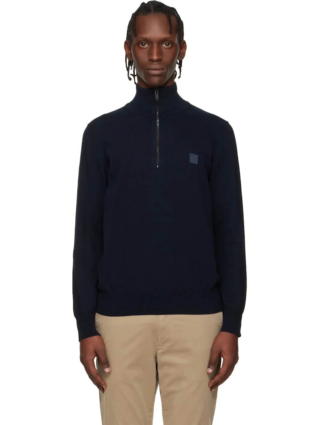 Navy Zip-Neck Cotton & Cashmere Sweater - 1