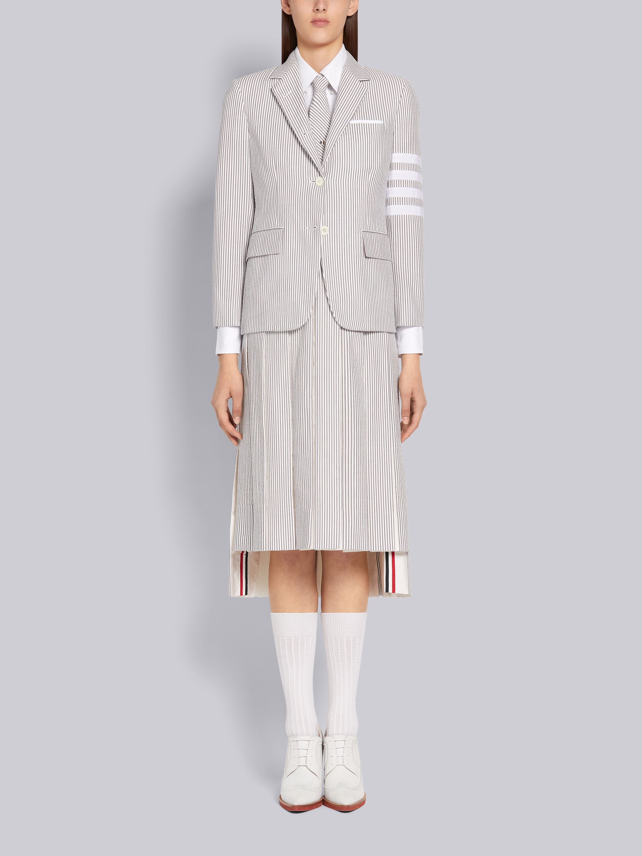 Medium Grey Cotton Seersucker Grosgrain 4-Bar Intarsia Stripe Below Knee Pleated Skirt - 4
