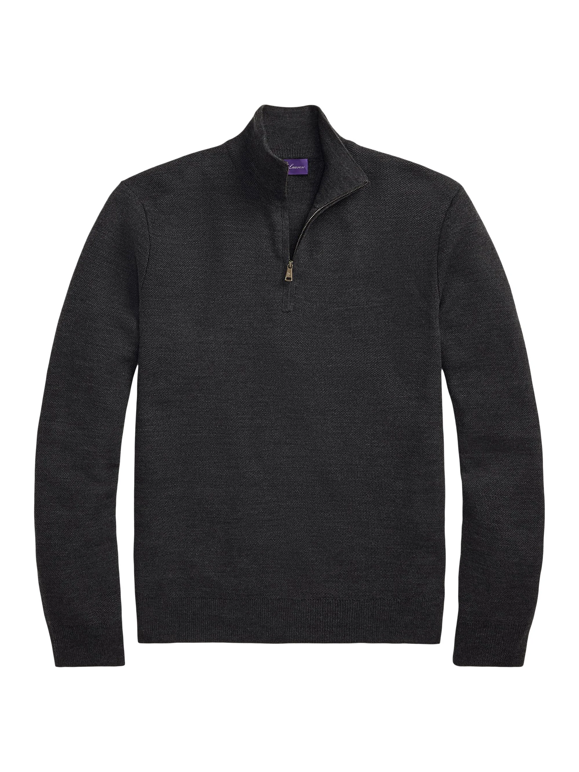 Men's Piqué-Knit Wool Quarter-Zip Sweater - Medium Grey Melange - 1