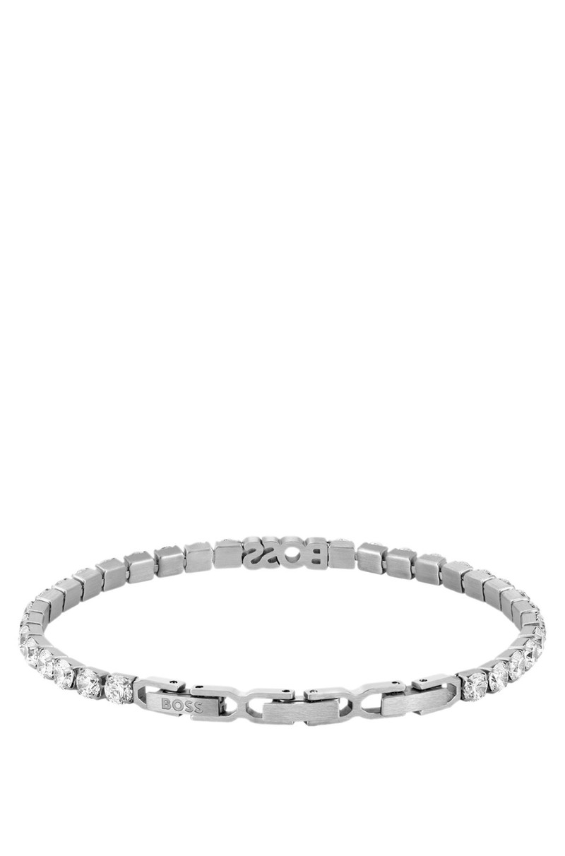 BOSS SILVER-TONE CUFF WITH LOGO AND CRYSTALS outlook