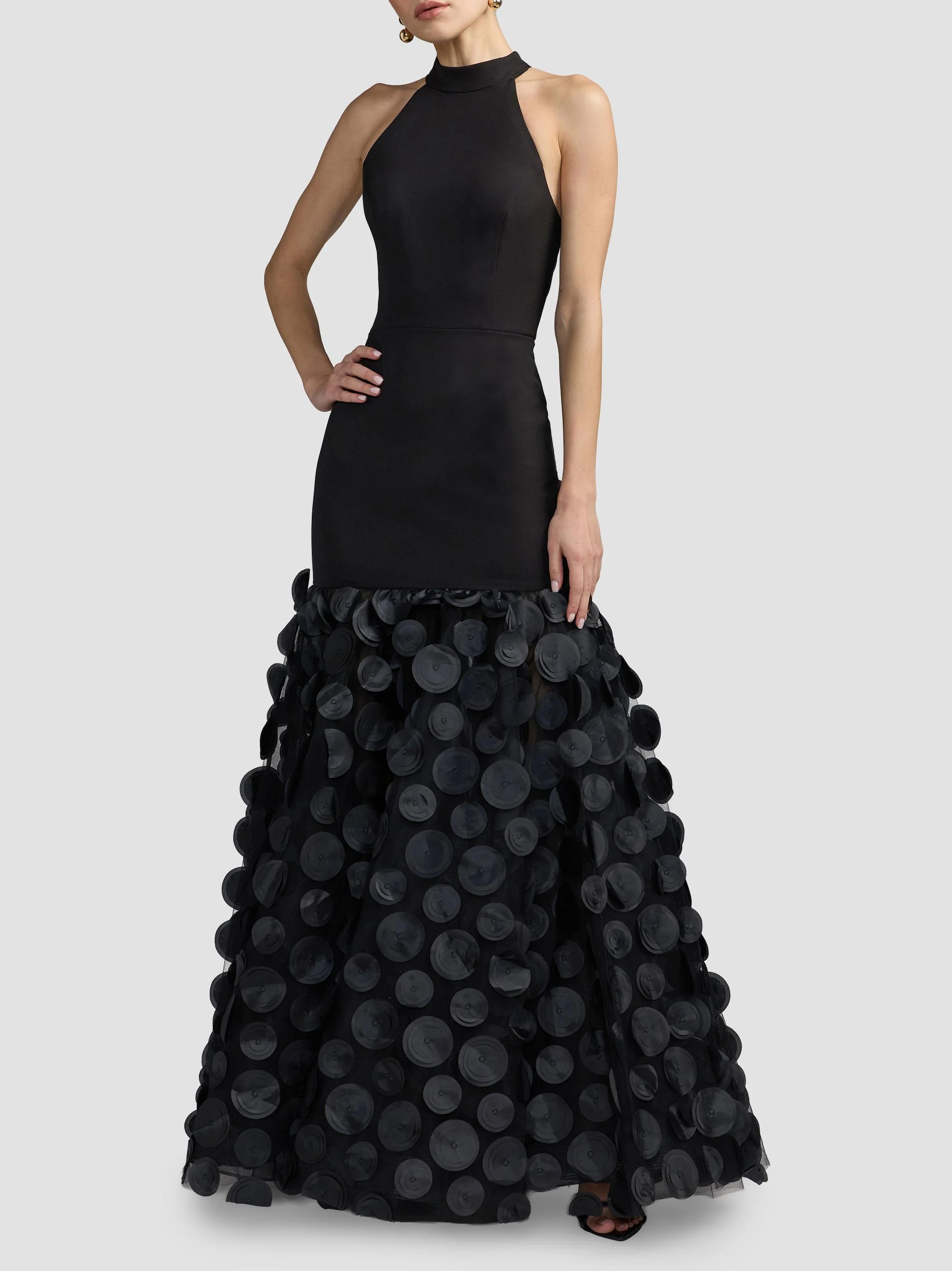 Women's Crepe Halterneck Trumpet Gown - Black - 1