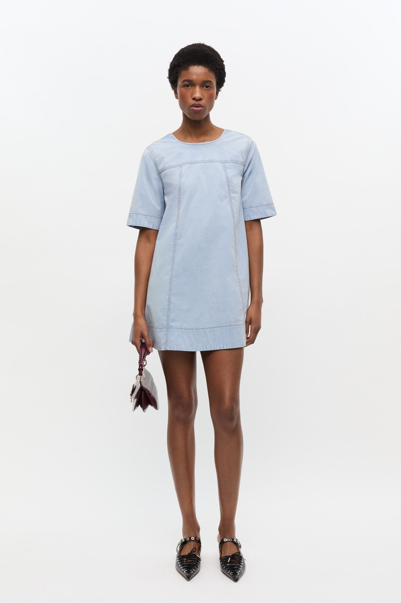 LIGHT BLUE A-LINE MINI DENIM DRESS - 2