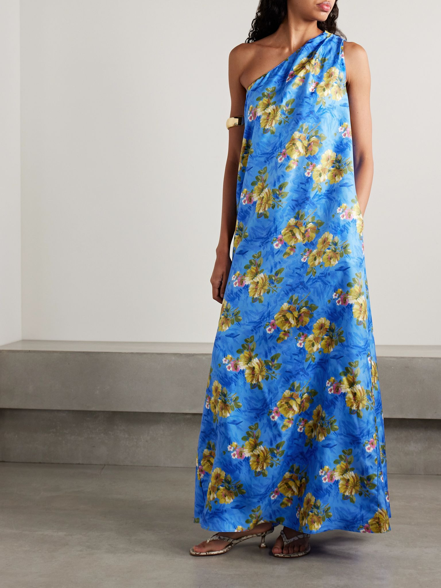 Roy one-shoulder belted floral-print silk-twill maxi dress Blue - 5