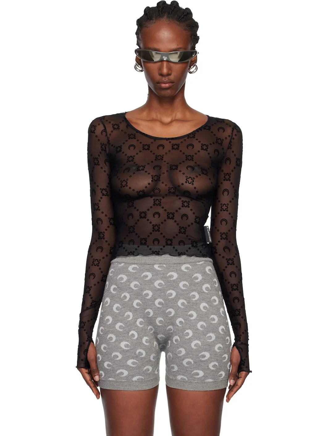 Black Moonogram Mesh Flock LS Cropped Top - 1