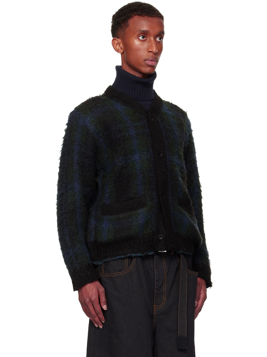 Black & Green Plaid Knit Cardigan - 2