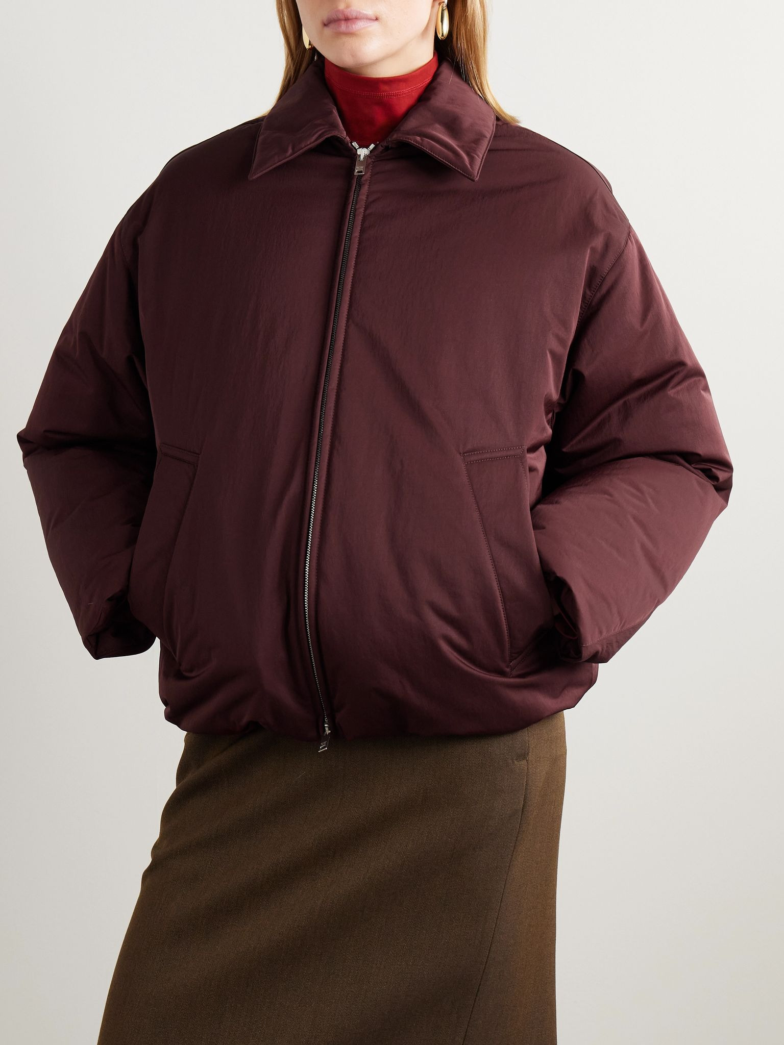 Intrecciato leather-trimmed shell down jacket Burgundy - 5