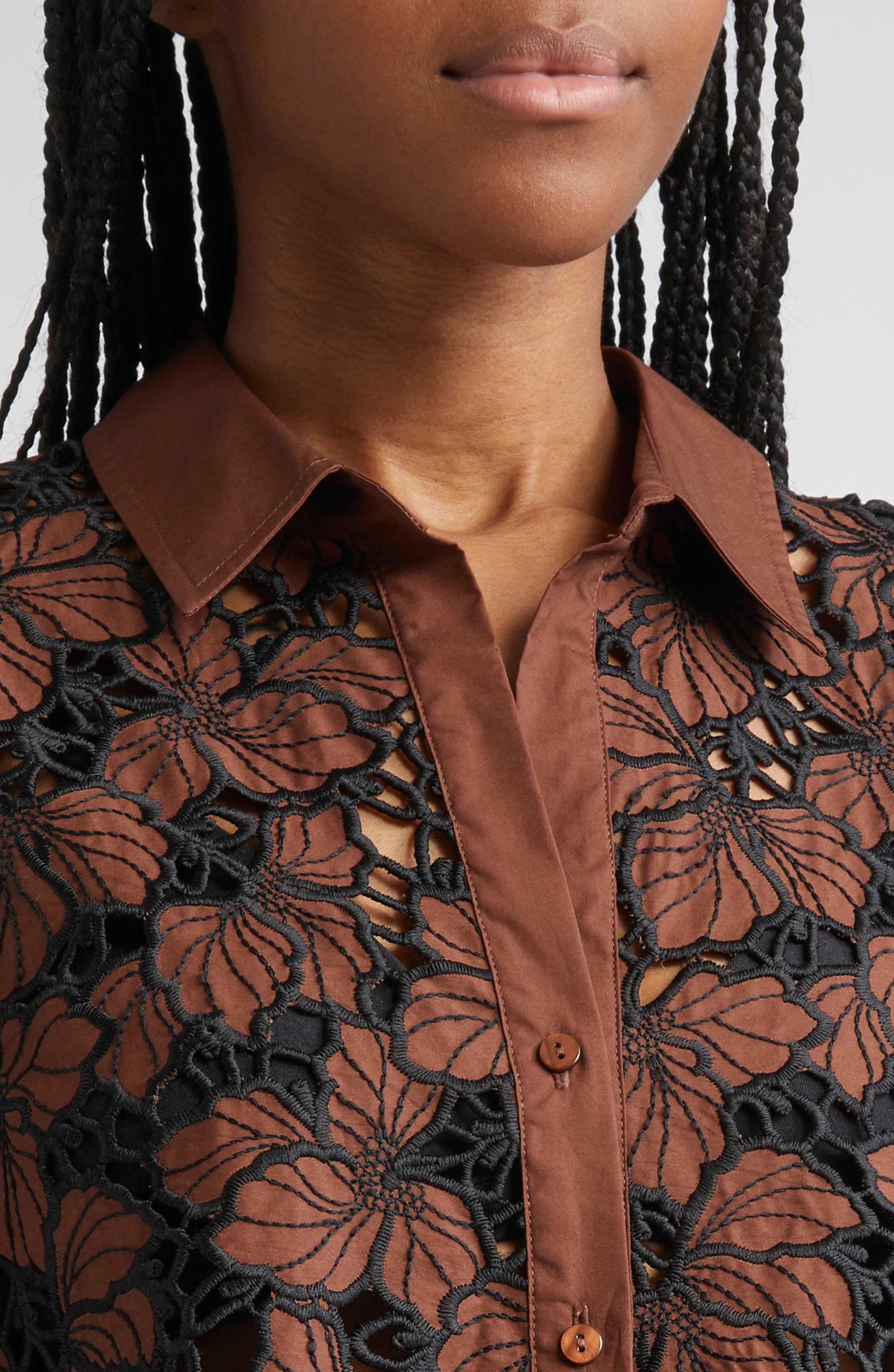 L'AGENCE Seychelle Cutwork Crop Shirt in Hot Fudge/black at Nordstrom - 5