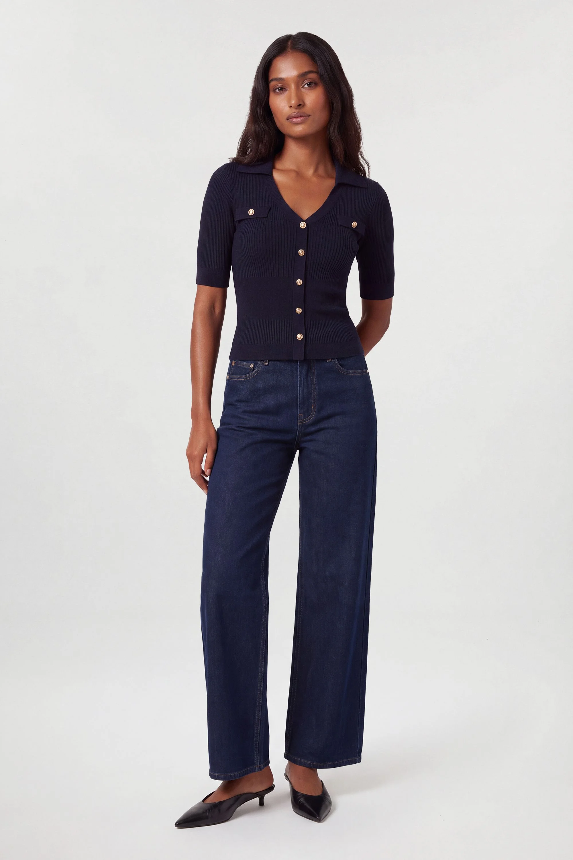 Military Trim Rib Knit Short Sleeve Collared Top - 1