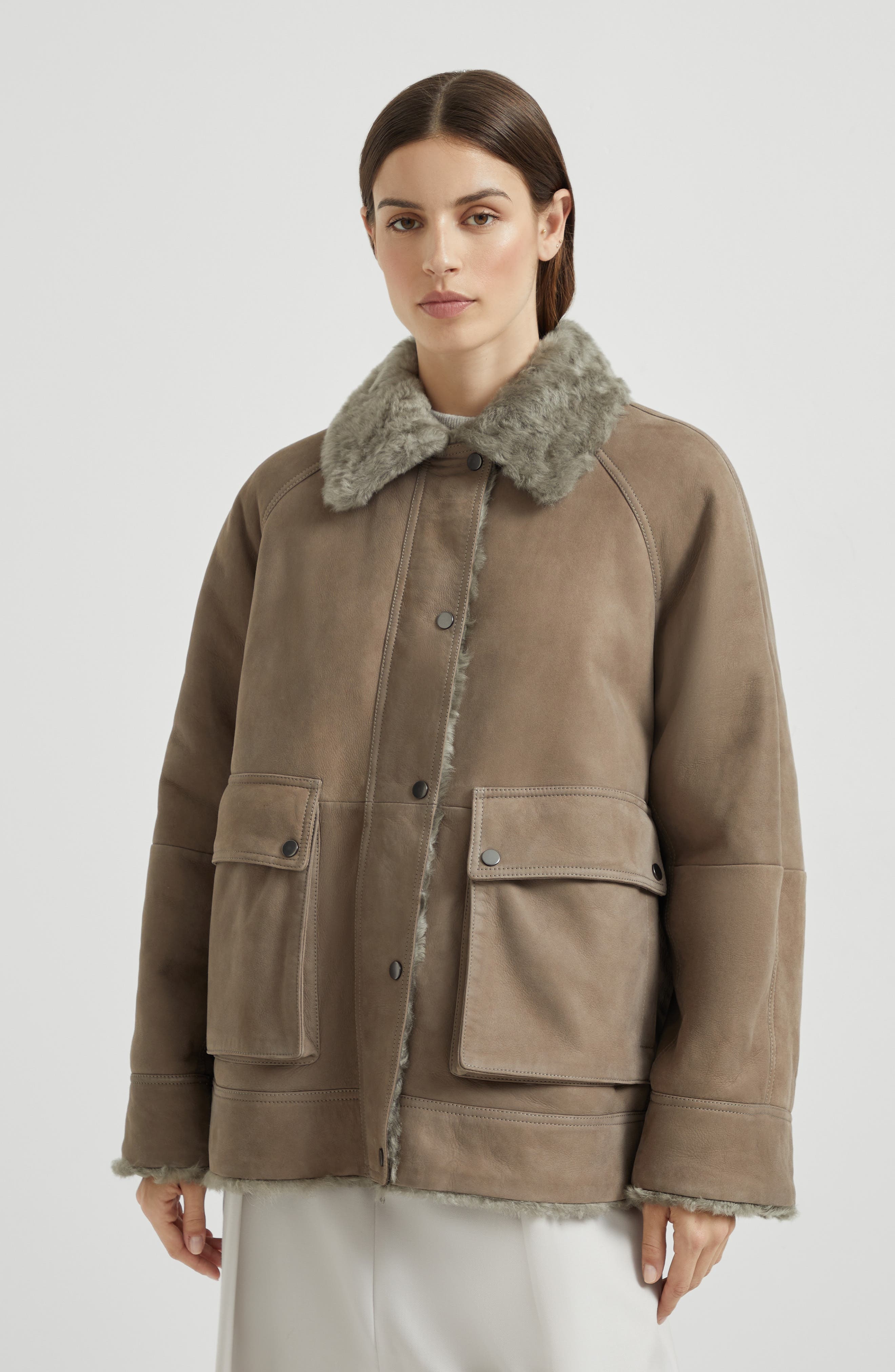 Brunello Cucinelli Fuzzy shearling outerwear jacket in Light Brown at Nordstrom - 2
