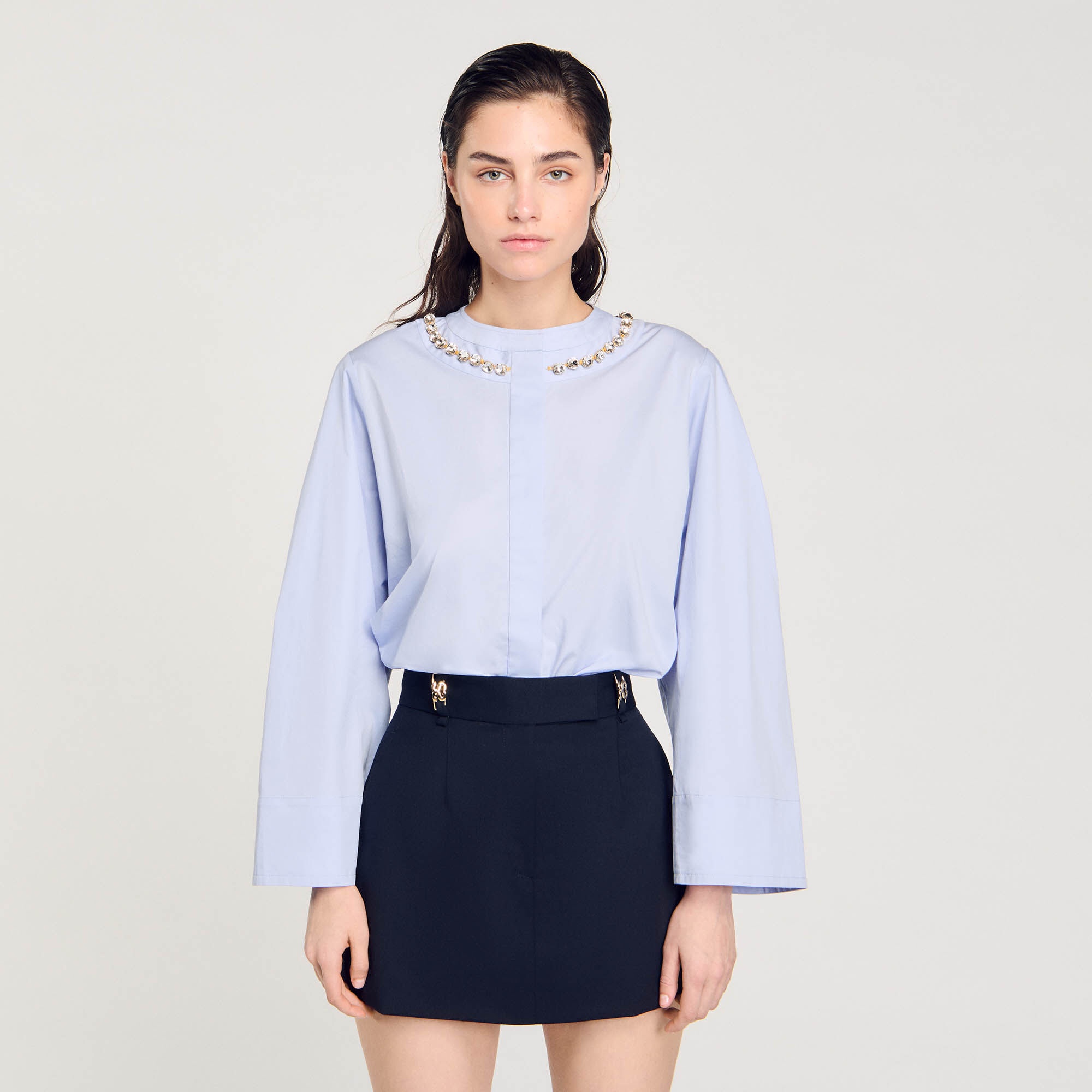 CROPPED SHIRT WITH JEWEL TRIM COLLAR - 5