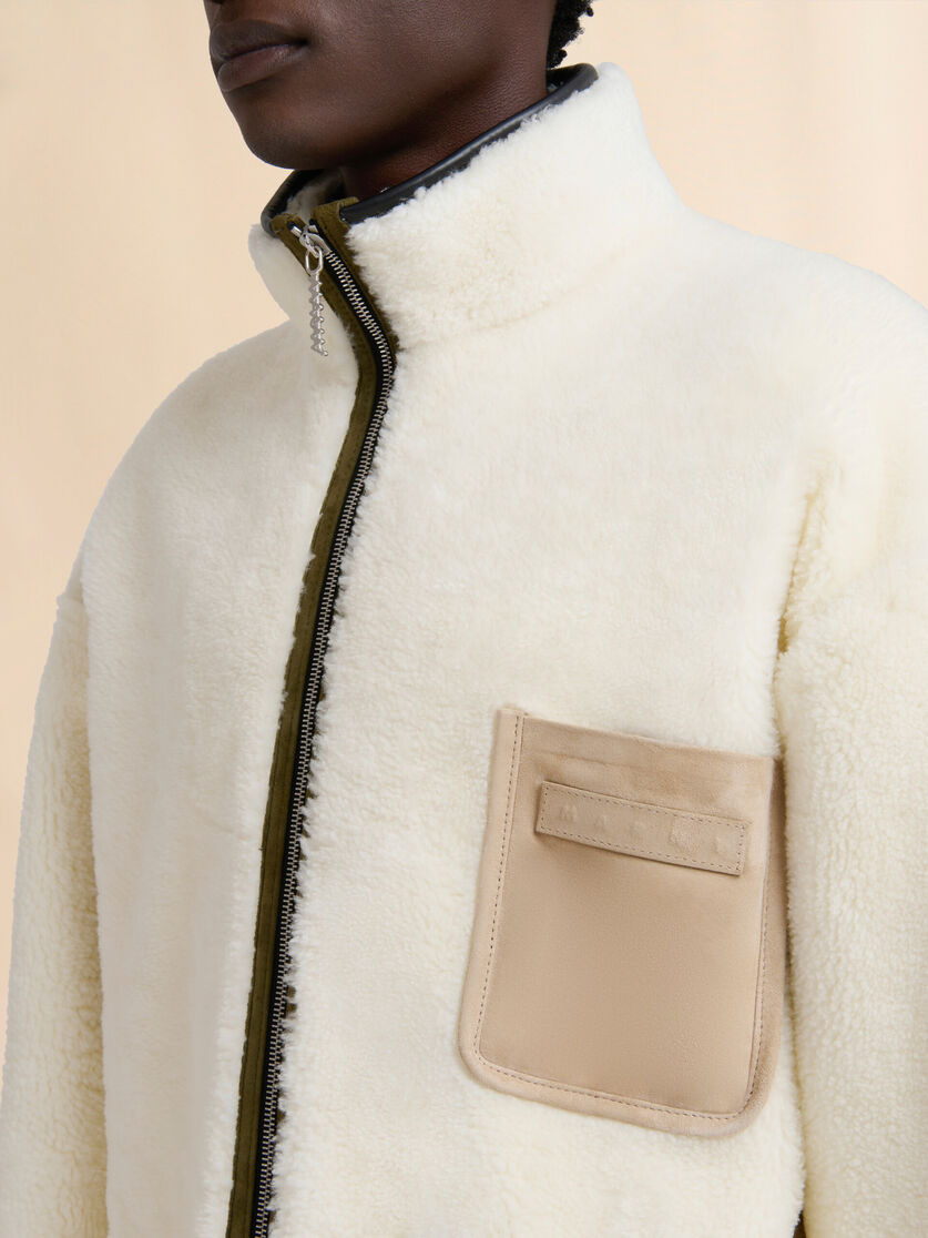 CREAM SHEARLING JACKET WITH LEATHER PIPING - 4