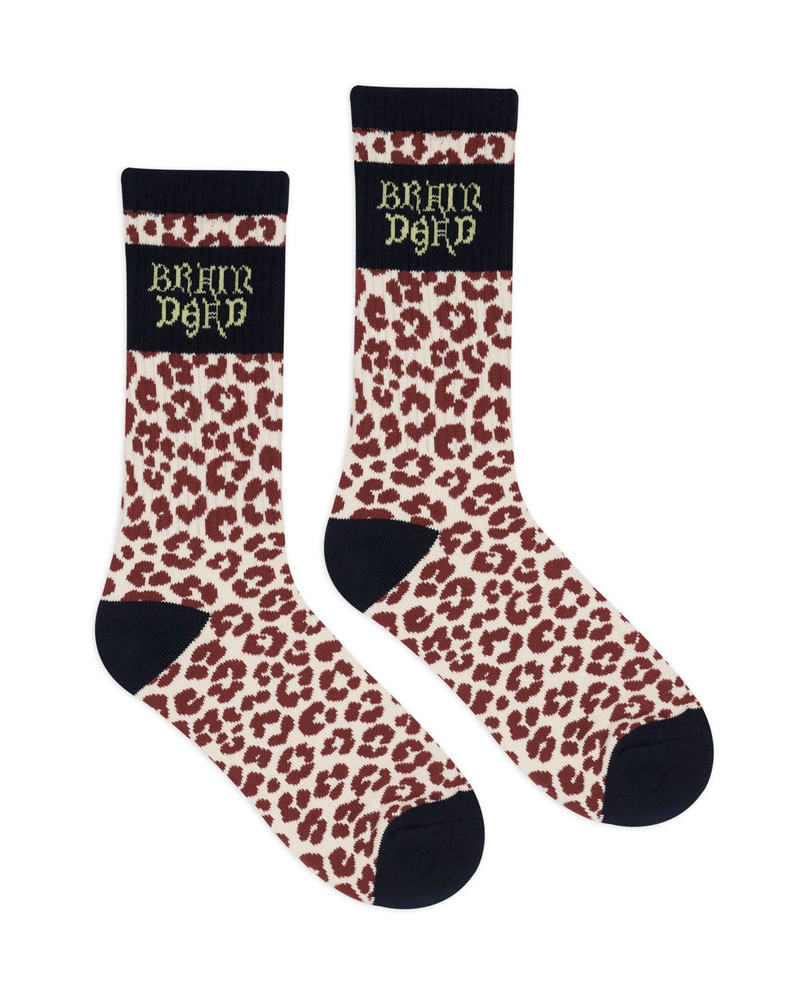 BRAIN DEAD Paneled Logo Crew Socks - Maroon Leopard/Navy outlook
