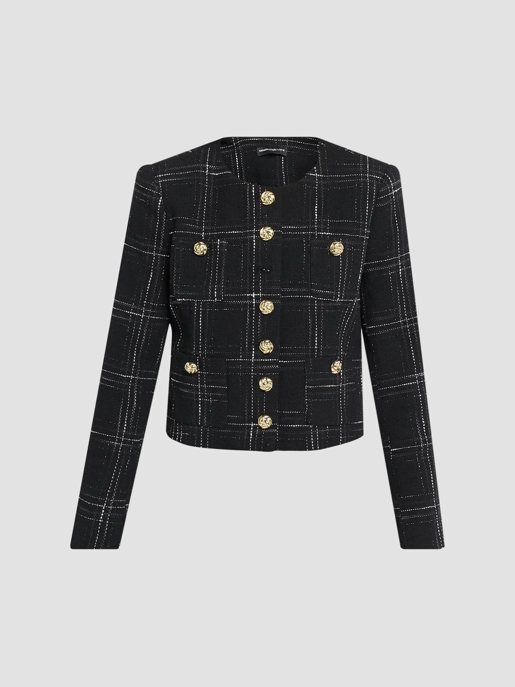 Women's Tweed Collarless Jacket - Black White - 1