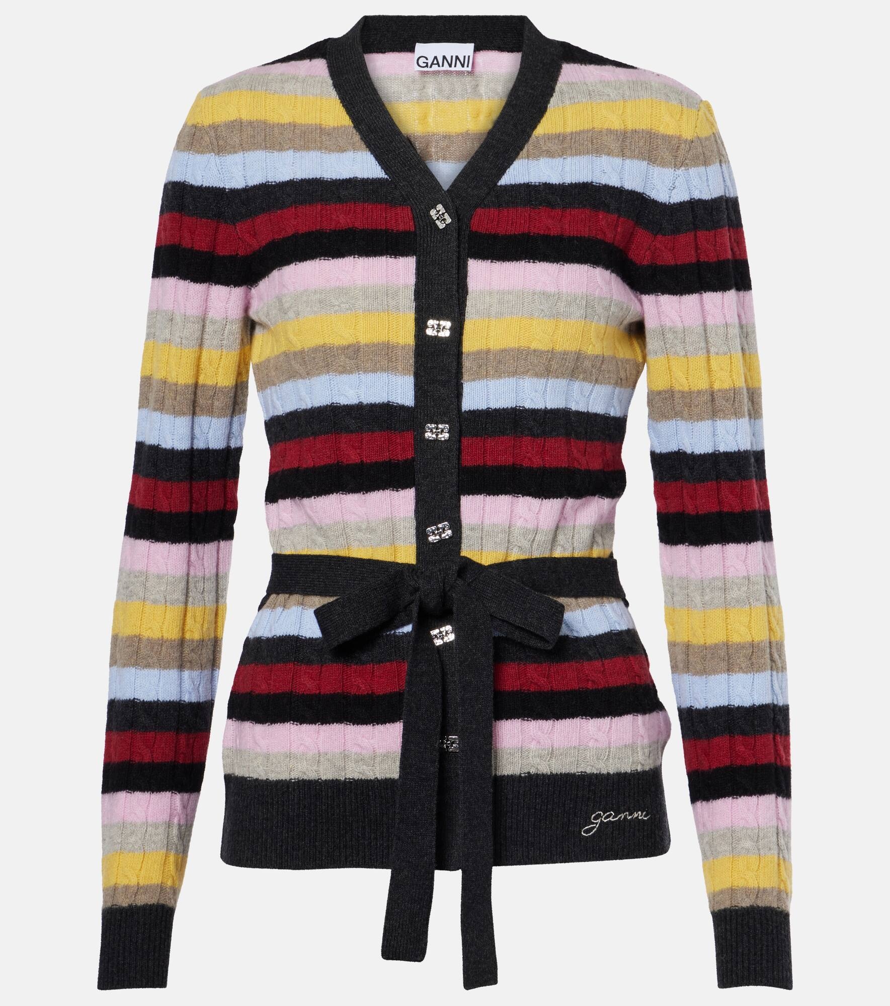 Striped cable-knit wool-blend cardigan - 1