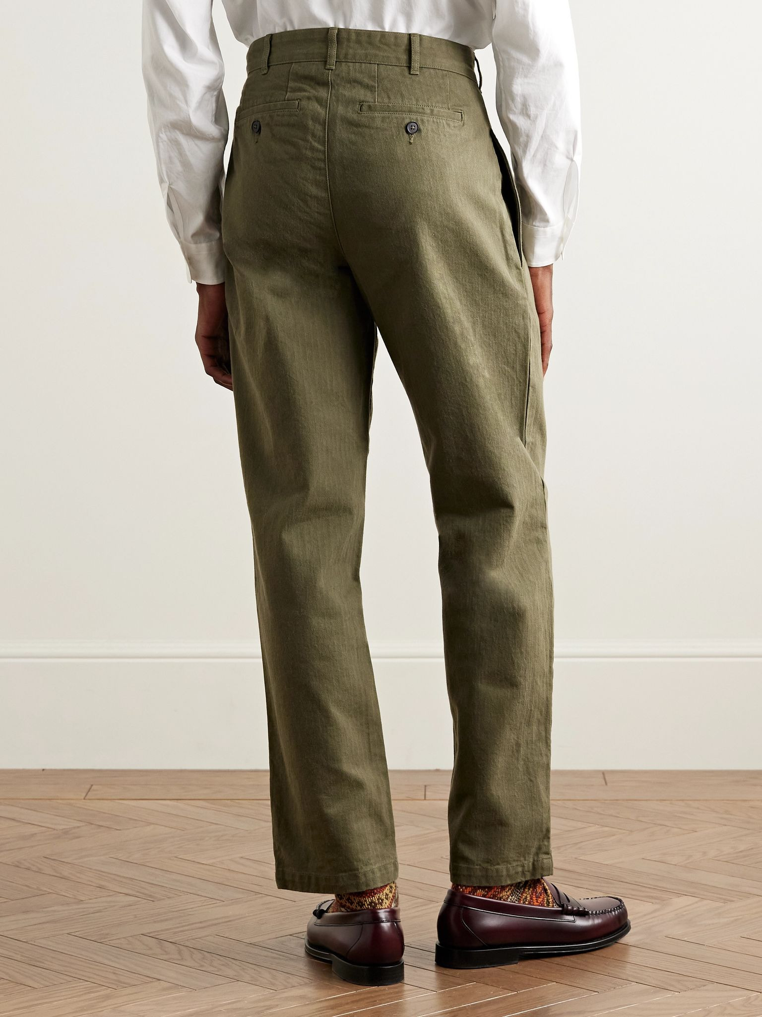 Straight-Leg Pleated Herringbone Cotton Trousers Green - 4