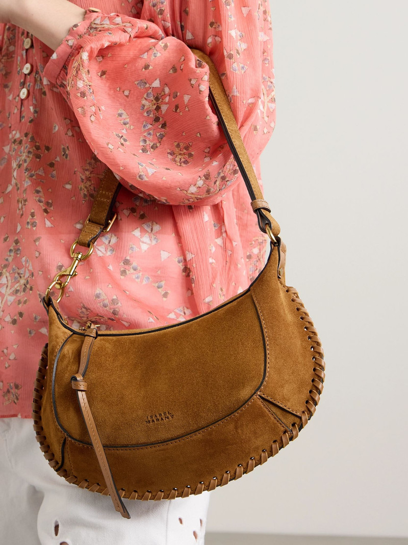 Isabel Marant Oskan Moon whipstitched leather-trimmed suede shoulder bag Brown outlook