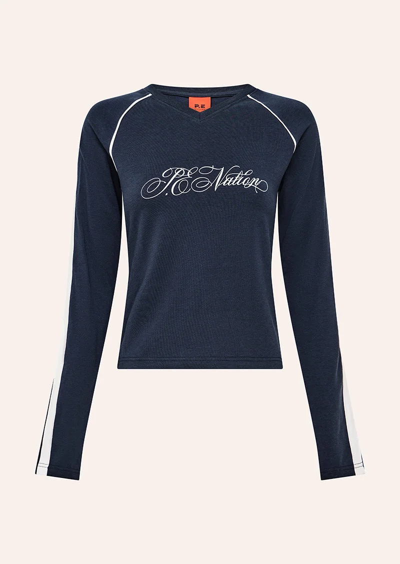 STRIKE ZONE LONG SLEEVE V NECK TEE IN DARK NAVY - 1