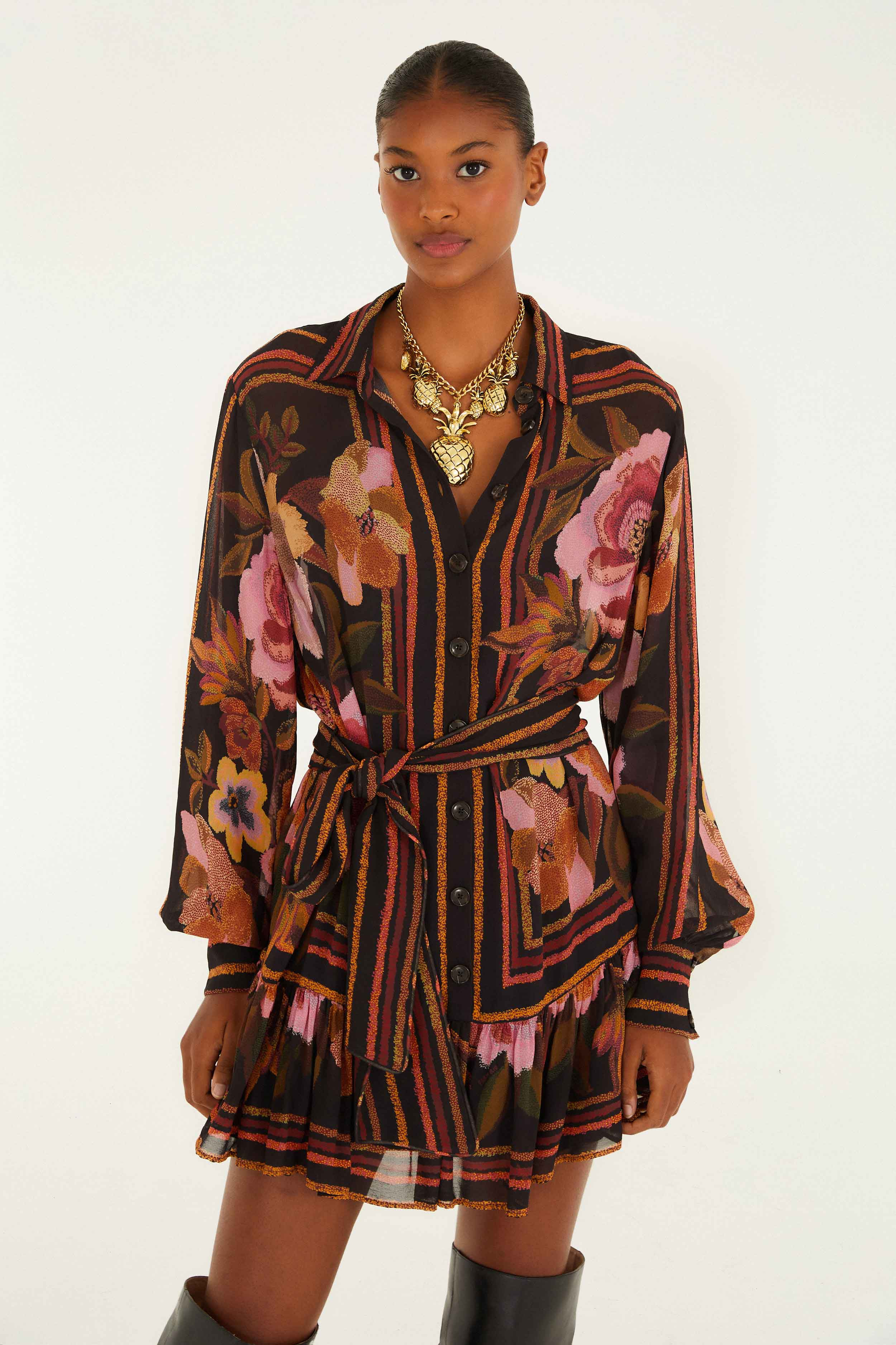 Black Chenille Flowers Belted Long Sleeve Mini Dress - 2
