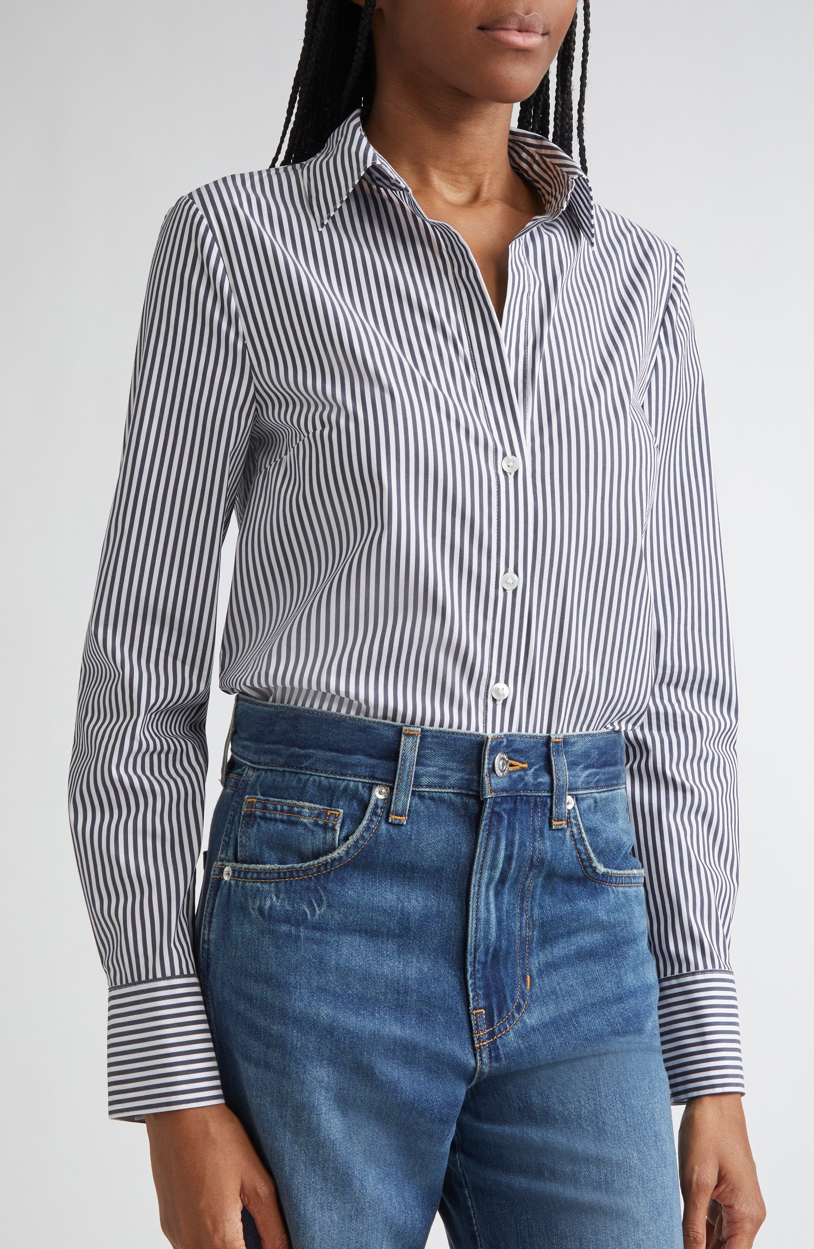 Veronica Beard Amelia Stripe Cotton Blend Button-Up Shirt in Navy White at Nordstrom - 5