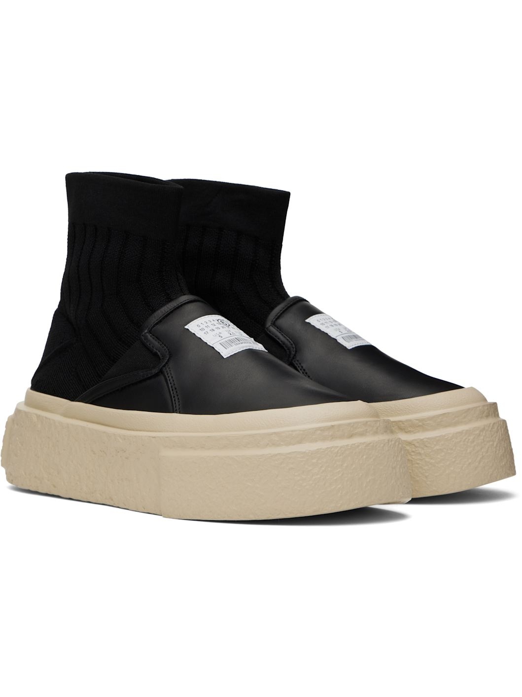 Black Leather Knit Sock Platform Sneakers - 4