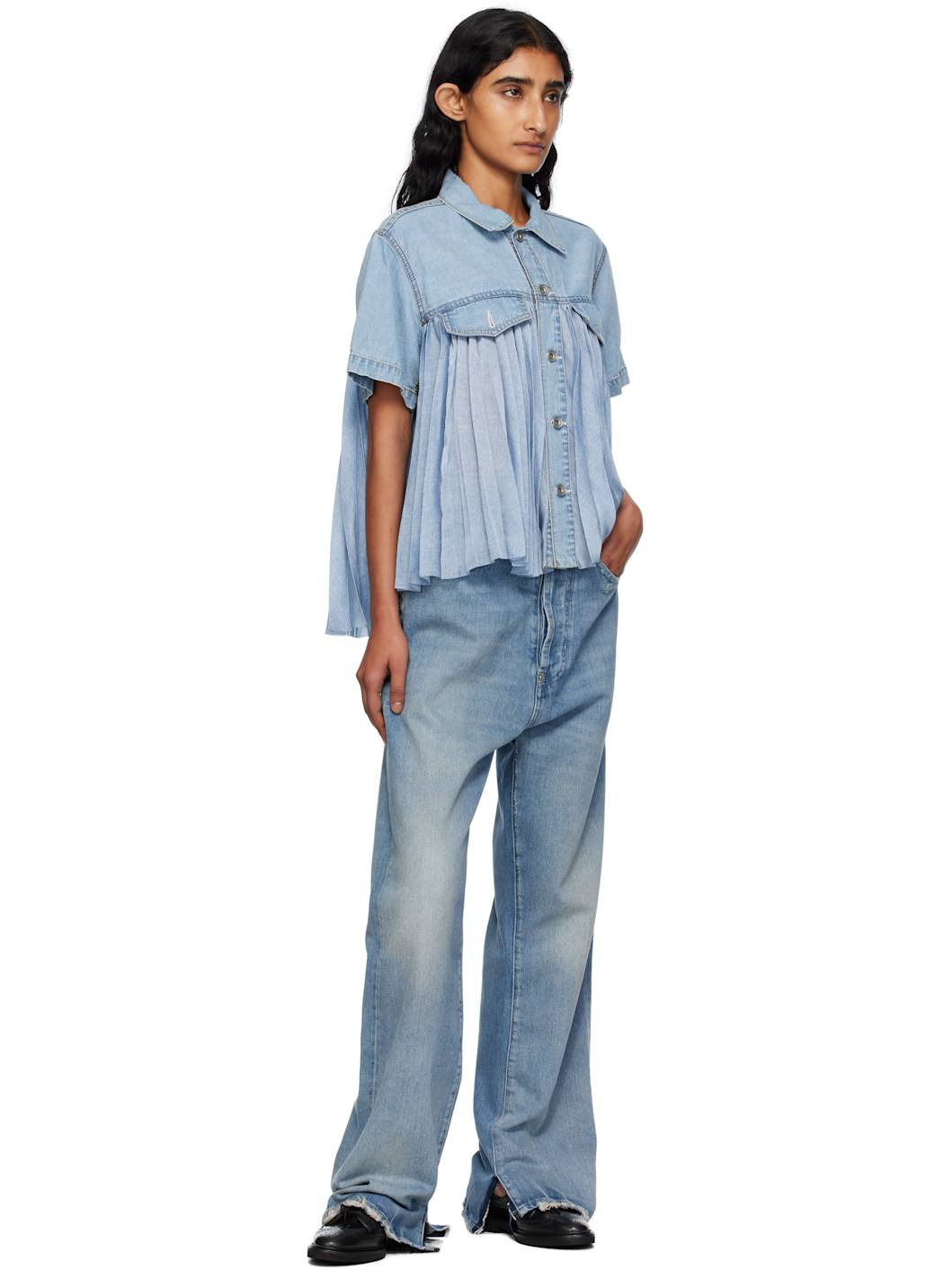 Blue Paneled Denim Shirt - 4