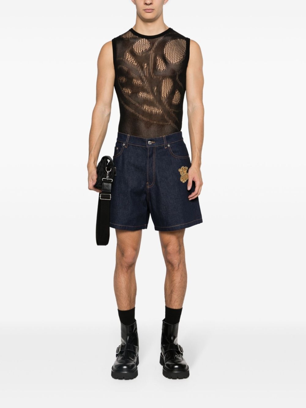 logo-patch cotton denim shorts - 2