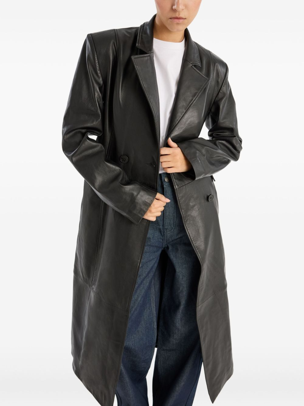 double-breasted leather coat - 4