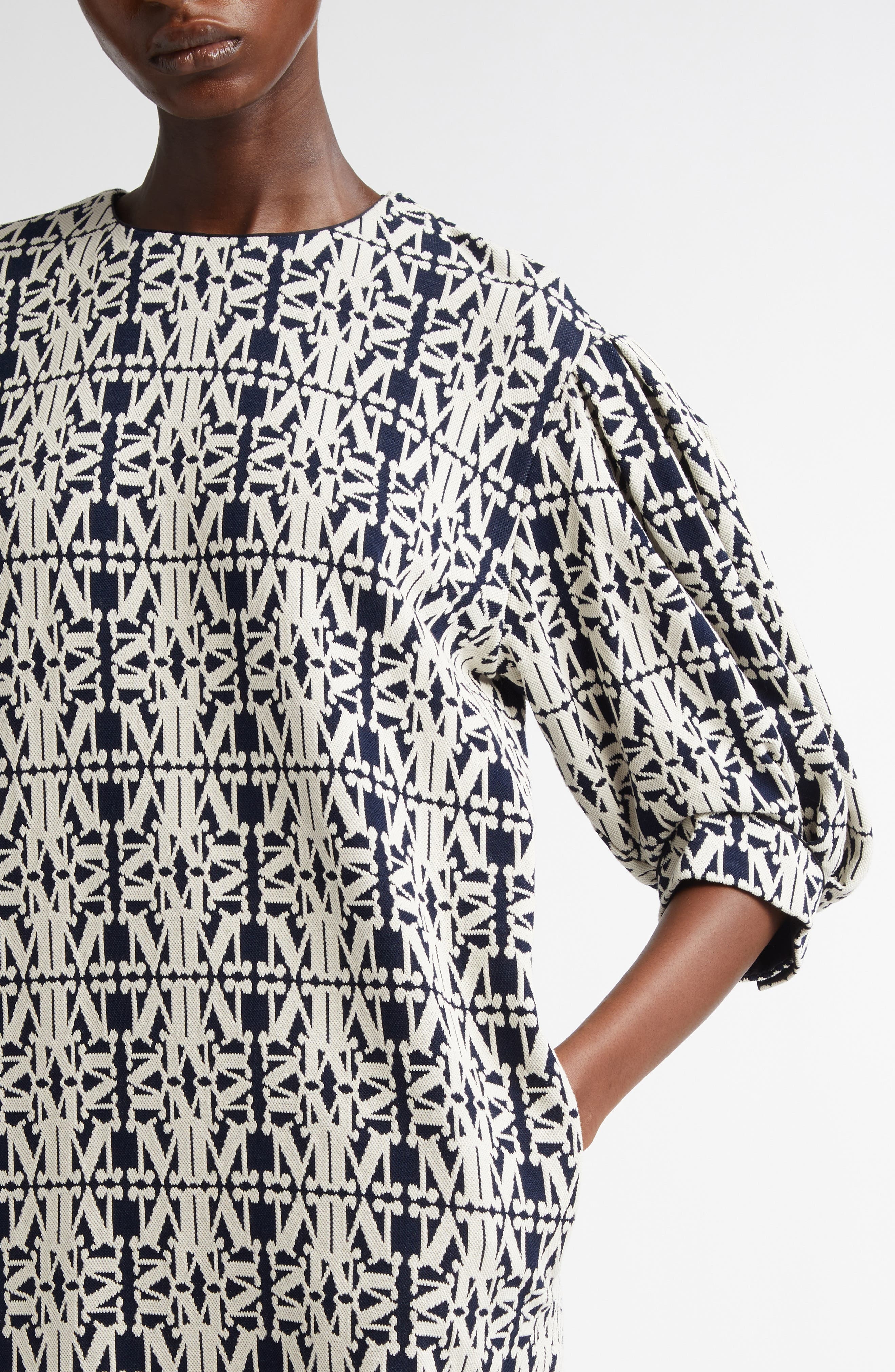 Max Mara Gustavo Monogram Puff Sleeve Cotton Piqué Dress in White/Blue at Nordstrom - 4