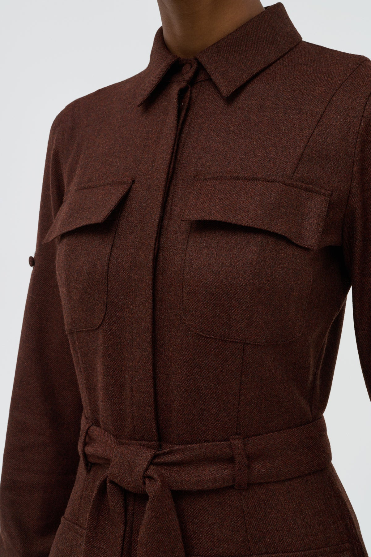 Meyer Pleated Maxi Shirtdress in Burnt Sienna Wool Cashmere Flannel - 6