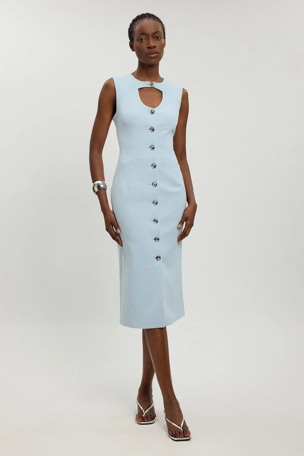 Compact Stretch Button Tailored Midi Dress - 1