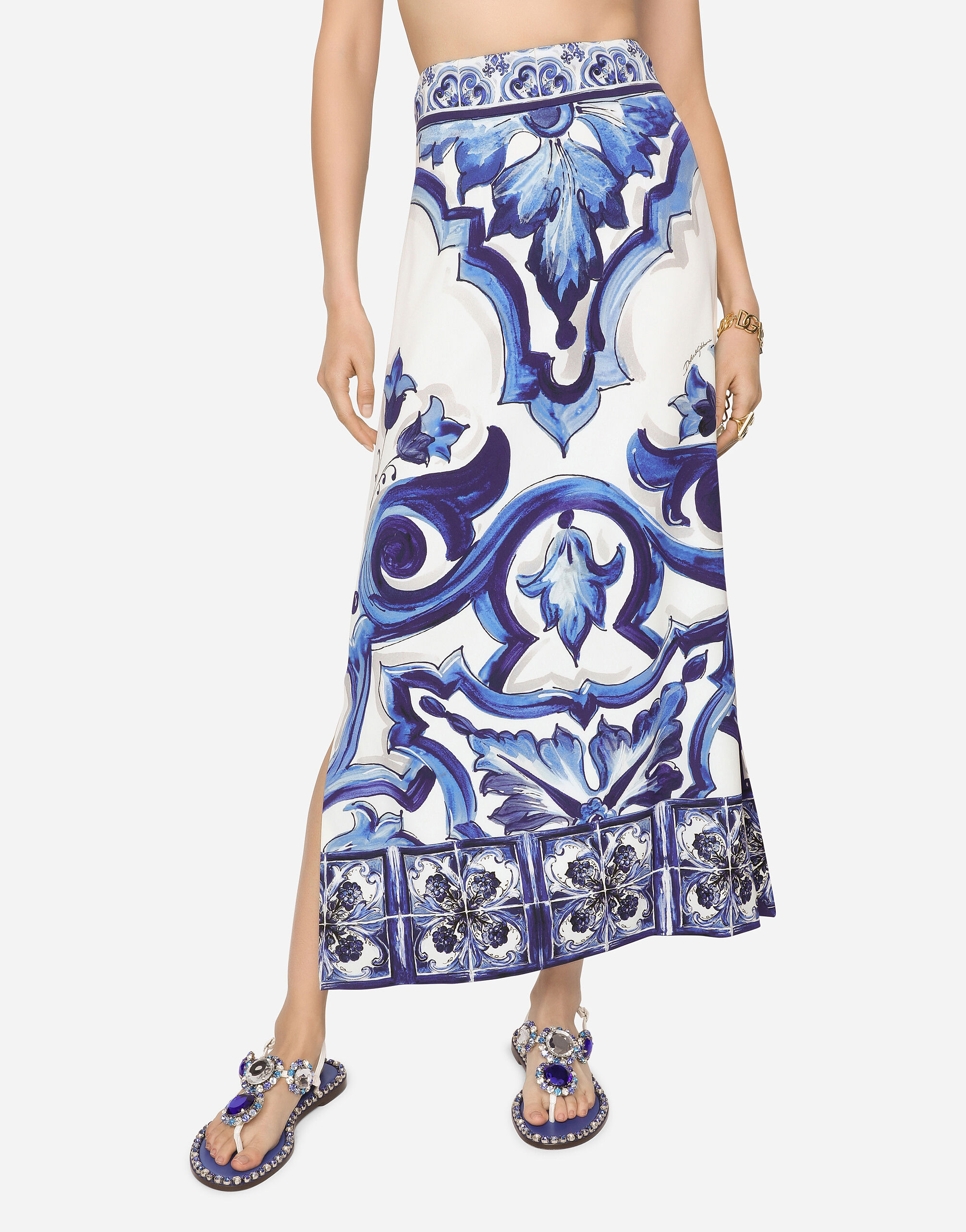 Majolica-print charmeuse calf-length skirt with slit - 4