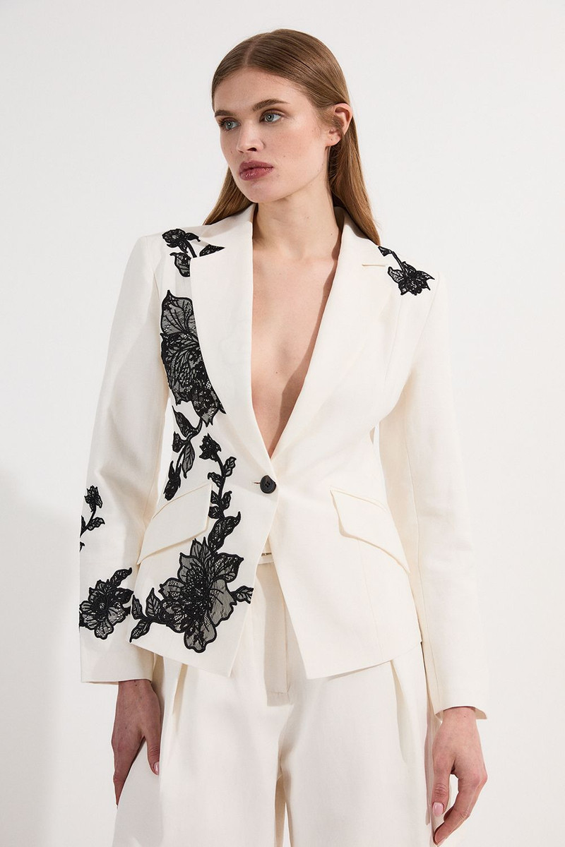 Viscose Linen Placed Floral Lace Embroideried Tailored Jacket 1