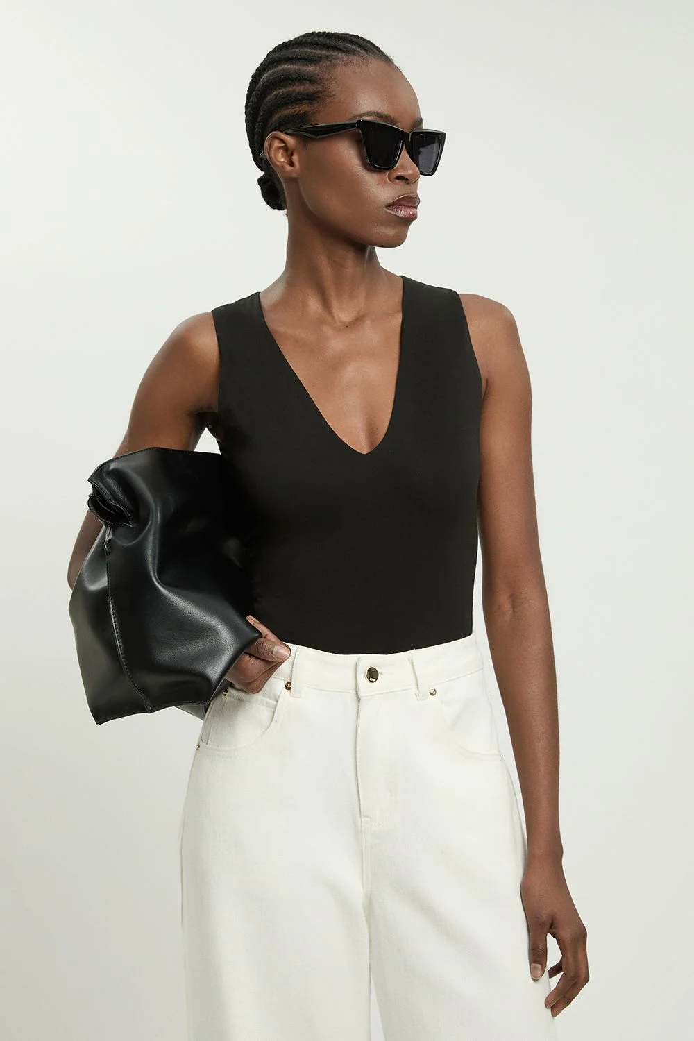 Stretch Cotton Plunge Neck Jersey Bodysuit - 1