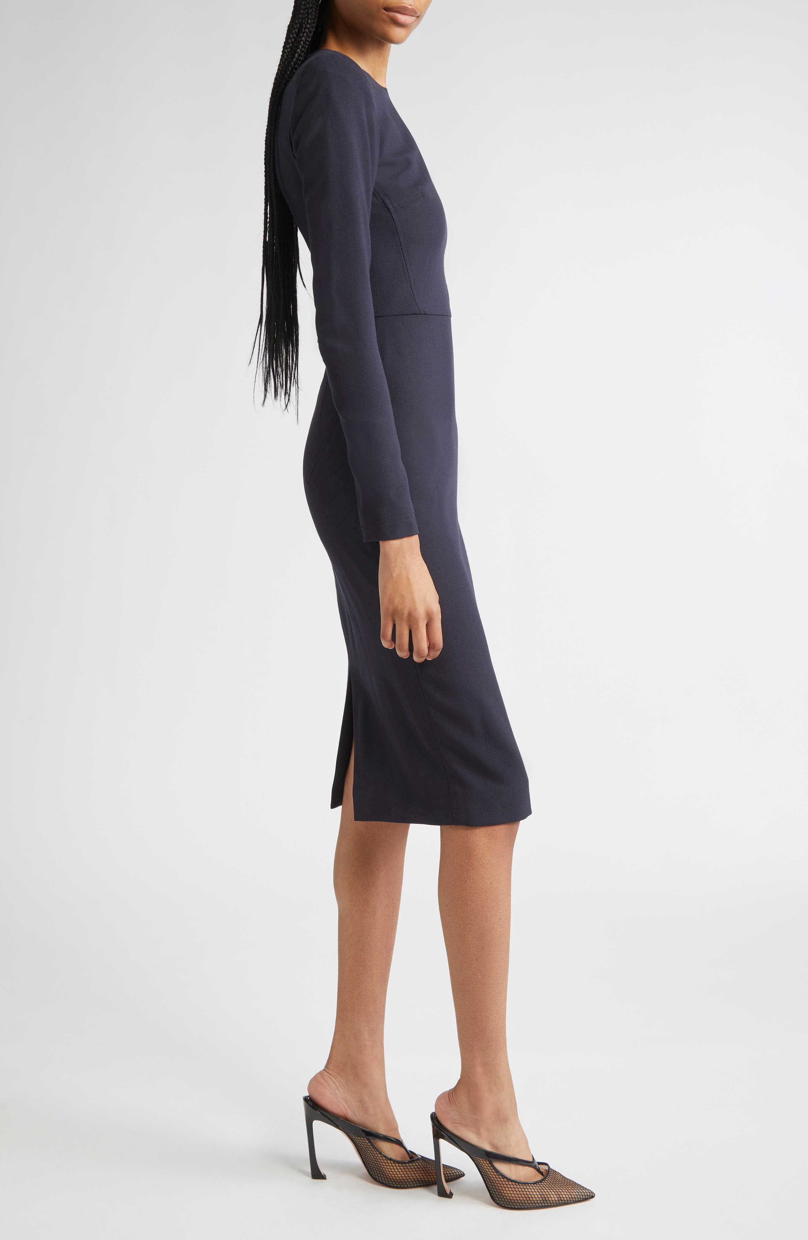 Victoria Beckham Long Sleeve Wool Blend T-Shirt Dress in Navy at Nordstrom - 3
