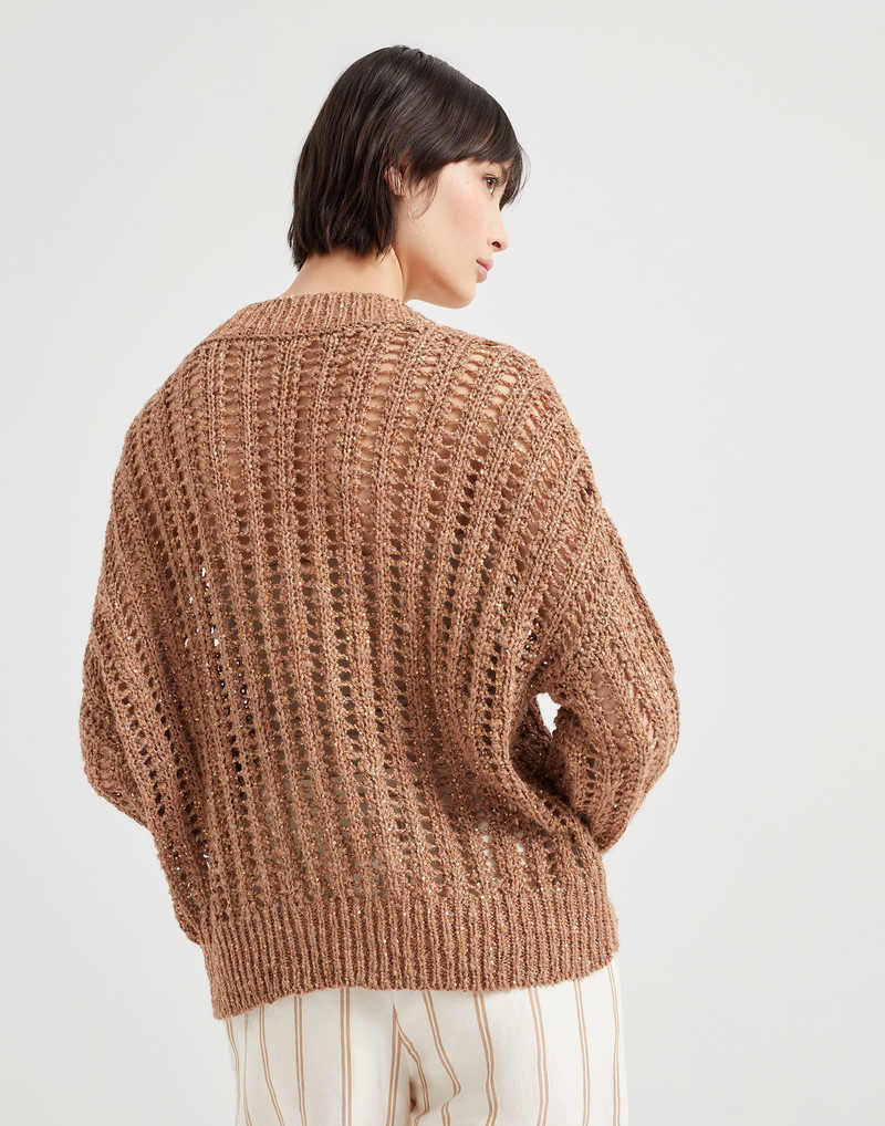 Brunello Cucinelli Dazzling silk and linen openwork rib sweater outlook