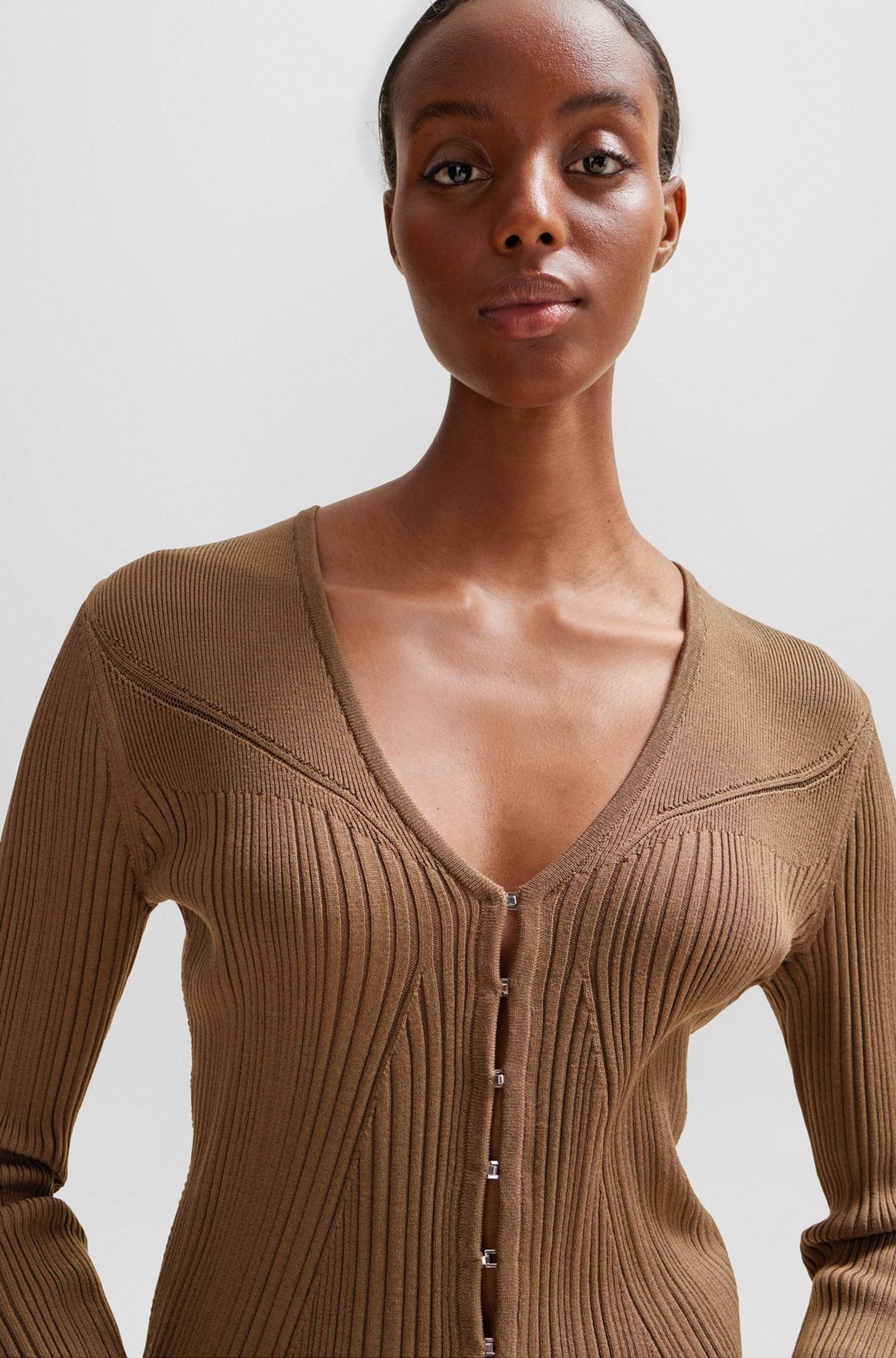 RIBBED CARDIGAN IN STRETCH FABRIC WITH HOOK CLOSURES - 5