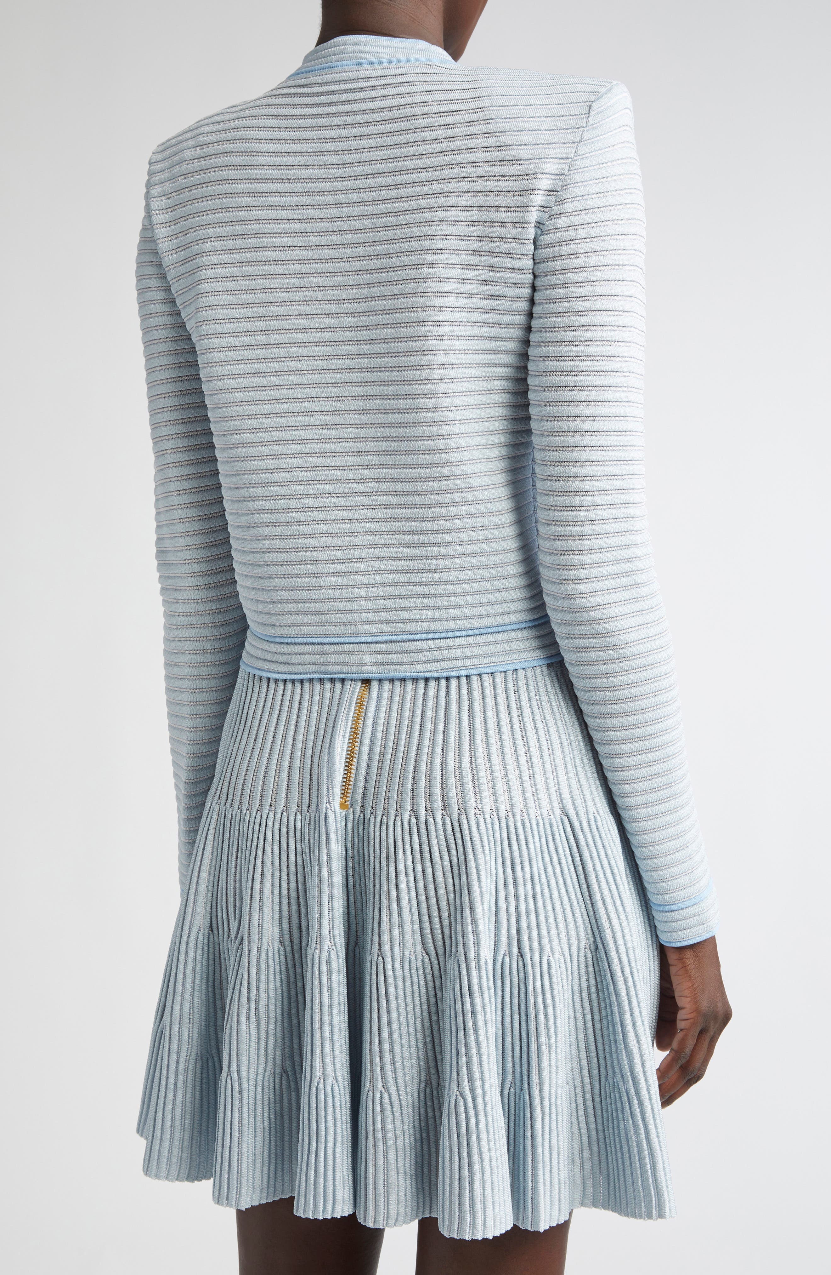 Balmain Long Sleeve Horizontal Rib Cardigan in Blue/White at Nordstrom - 3
