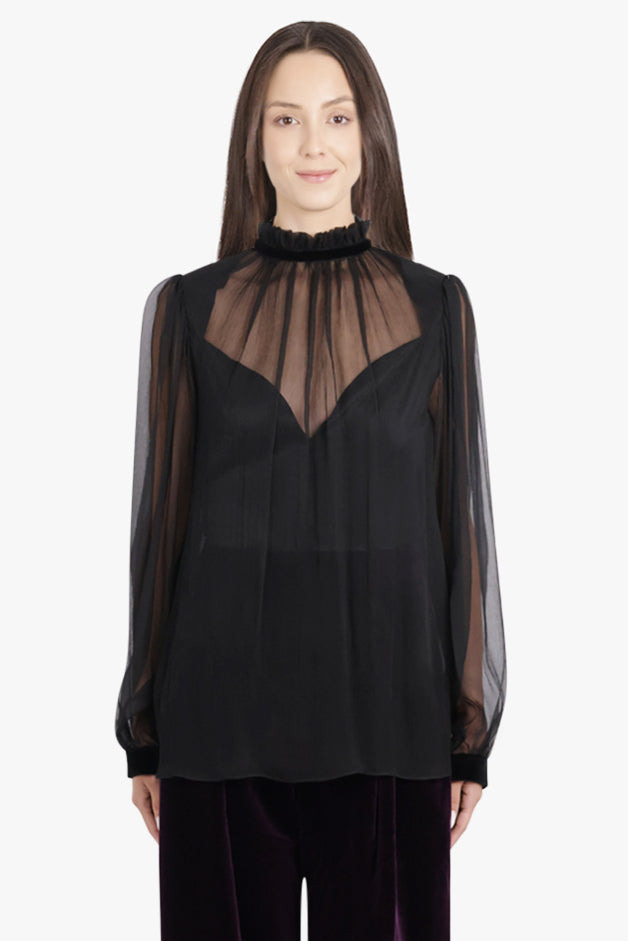 RUFFLED HIGH NECK SHEET TOP WITH FITTED UNDERLAY | BLACK - 3