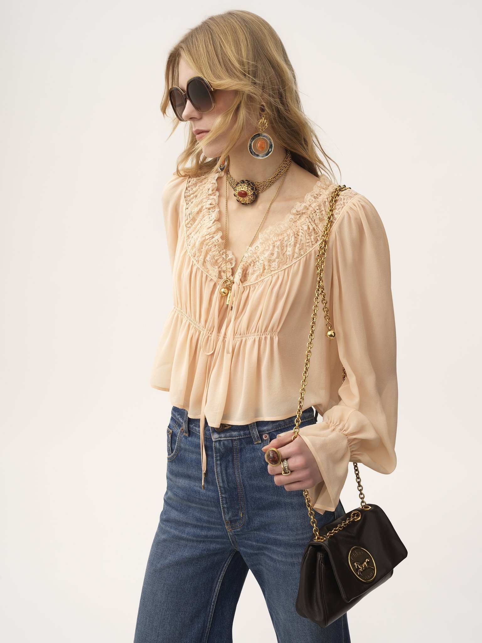 SCOOP-NECK CROPPED TOP IN SILK GEORGETTE & LACE - 4