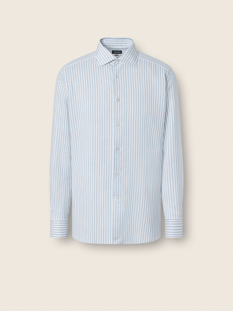 TEAL BLUE AND WHITE STRIPED COTTON LINEN AND SILK SHIRT 1