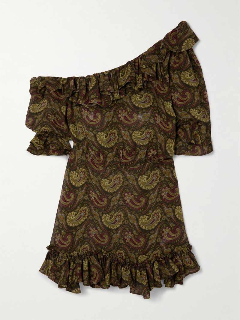 One-shoulder ruffled paisley-print georgette mini dress Brown 1