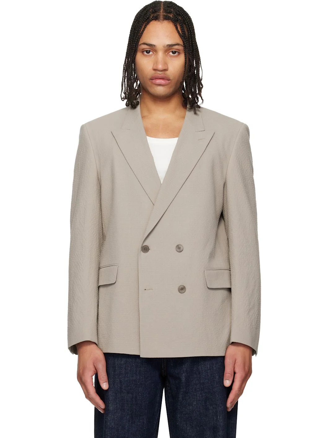 Taupe Double-Breasted Blazer - 1