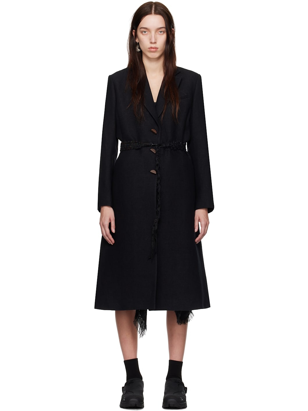 Black Ceramic Button Long Coat - 1