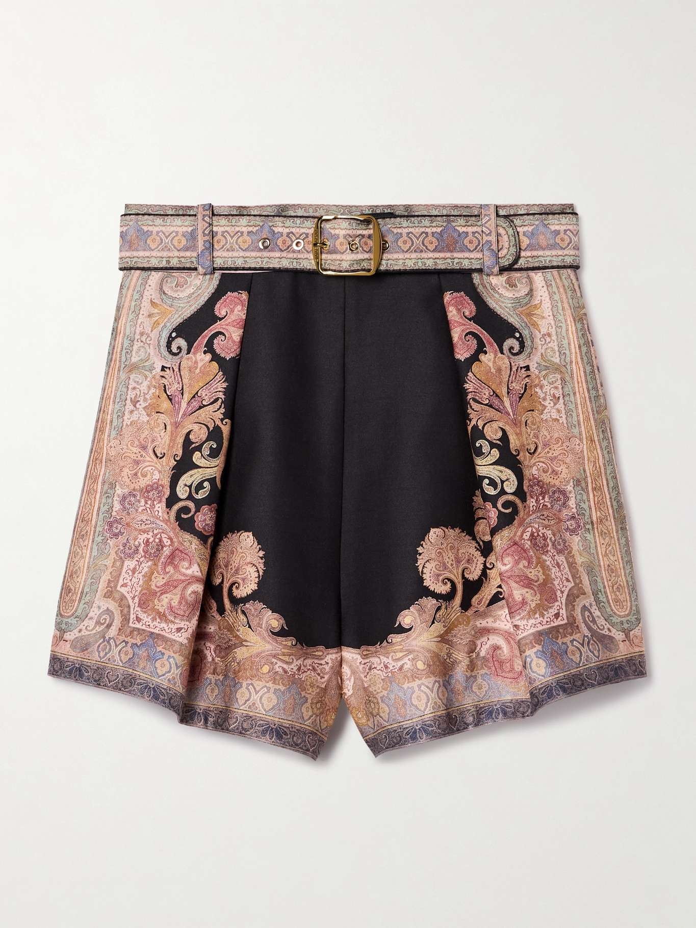 Illustration belted pleated printed silk and cotton-blend twill shorts - 1