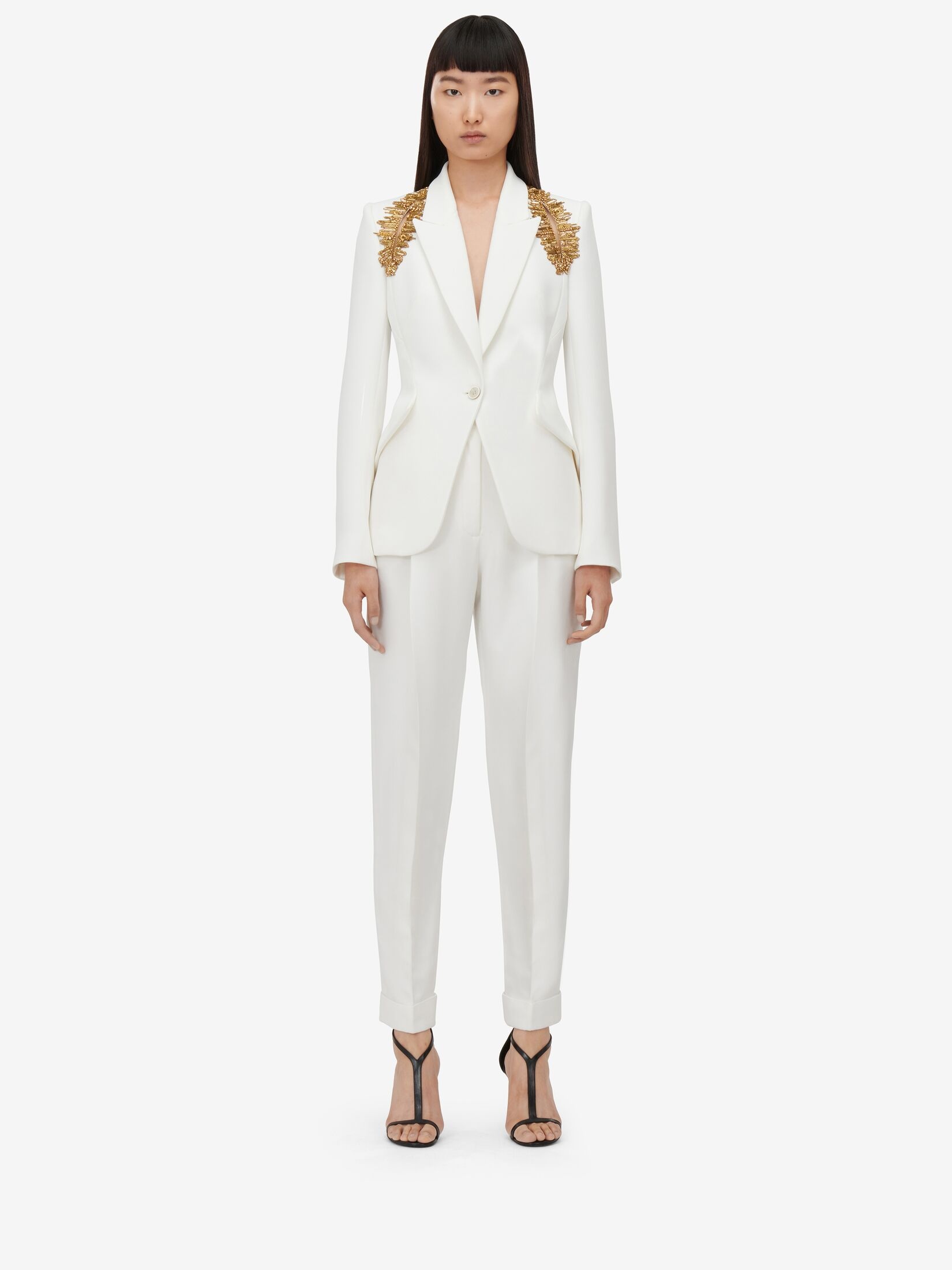 Women's Peak Shoulder Leaf Crepe Jacket in Light Ivory - 2