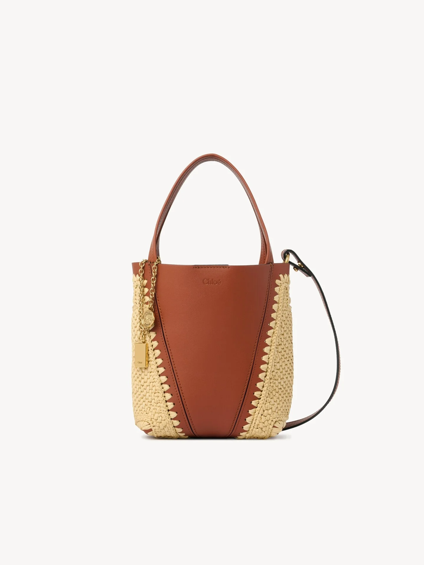 SMALL CHLOÉ SPIN TOTE BAG IN RAFFIA-EFFECT & LEATHER - 1