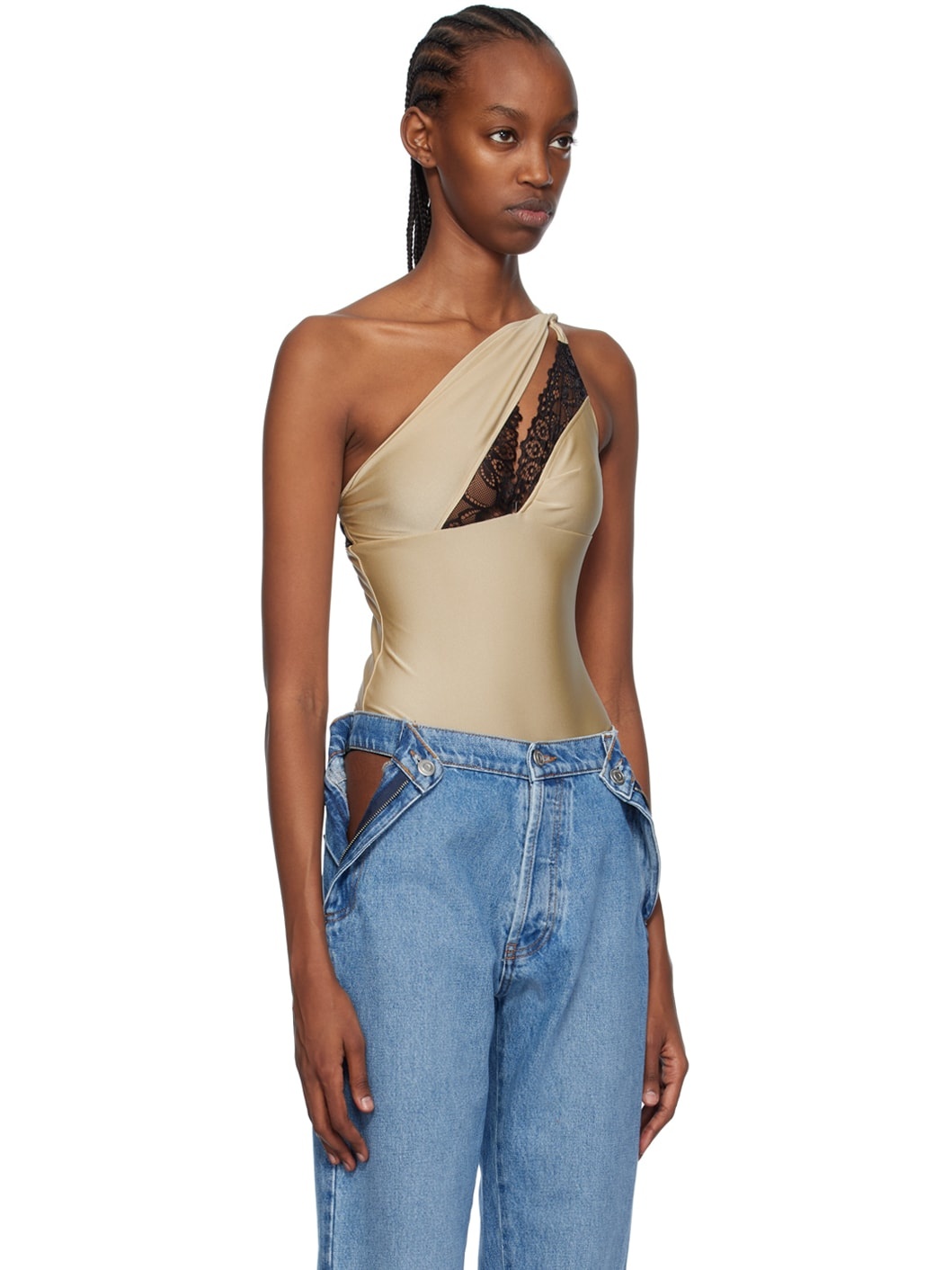 Beige Asymmetric Bodysuit - 2