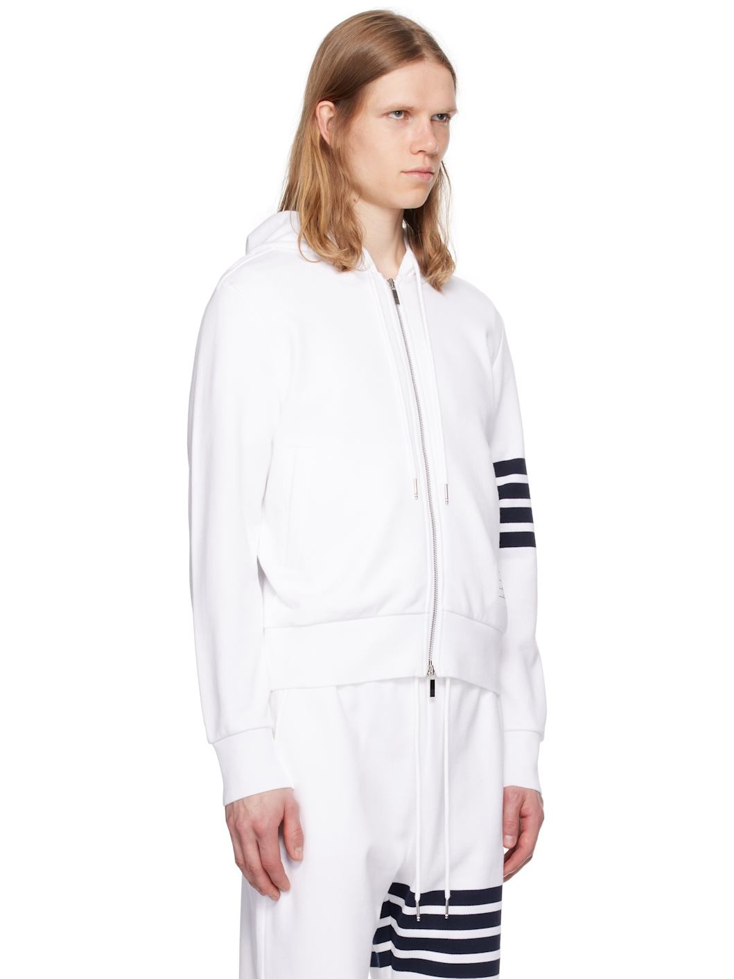 White Classic Loopback 4-Bar Zip Up Hoodie - 2