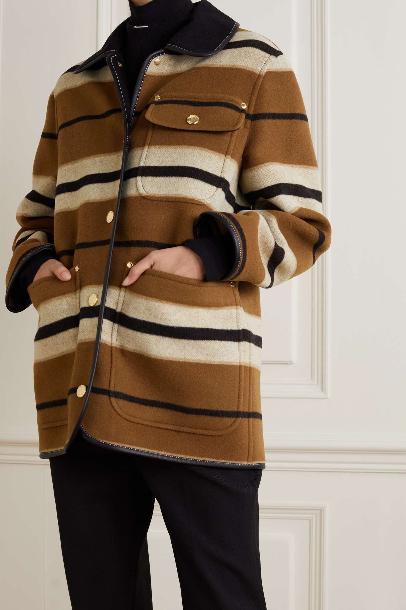 Leather-trimmed striped wool jacket - 3