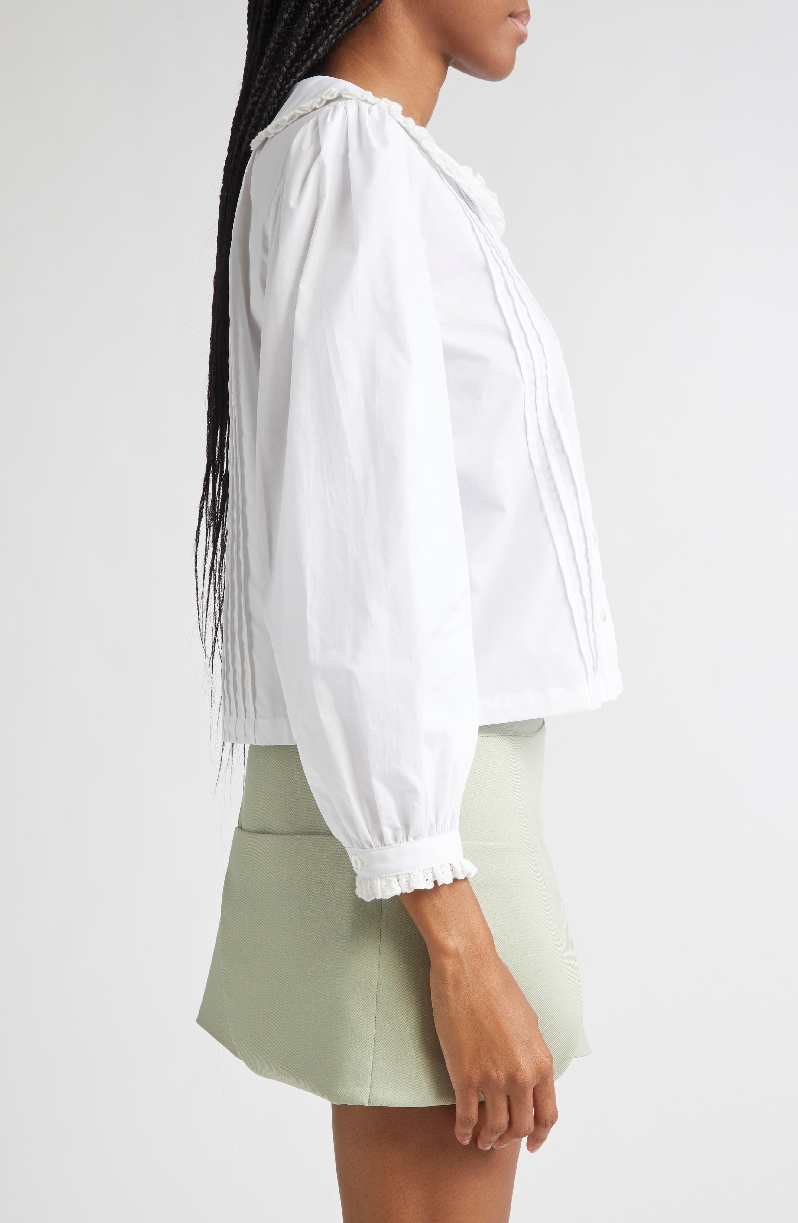 Sandy Liang Crayon Eyelet Trim Cotton Poplin Shirt in White at Nordstrom - 4
